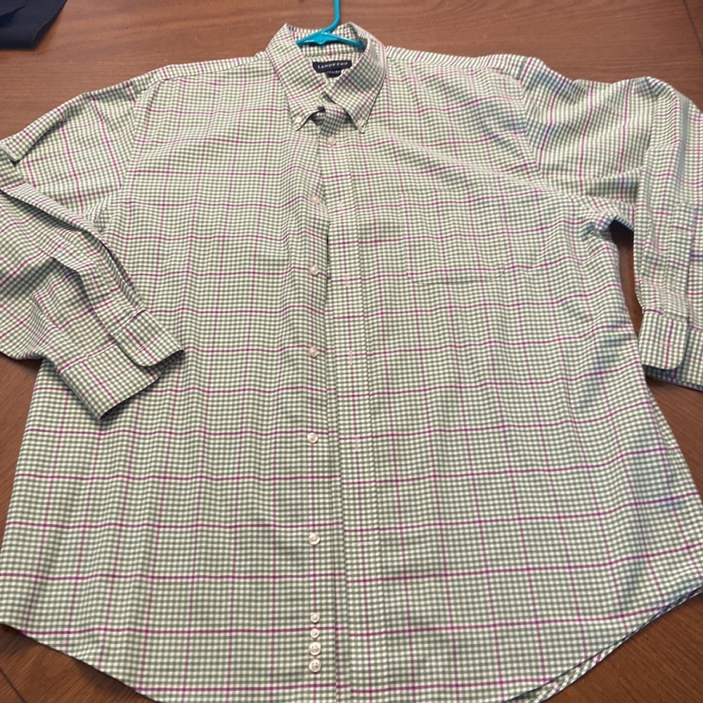 Lands End No Iron LS Original Oxford Button Down Shirt 17.5 Purple Green Check